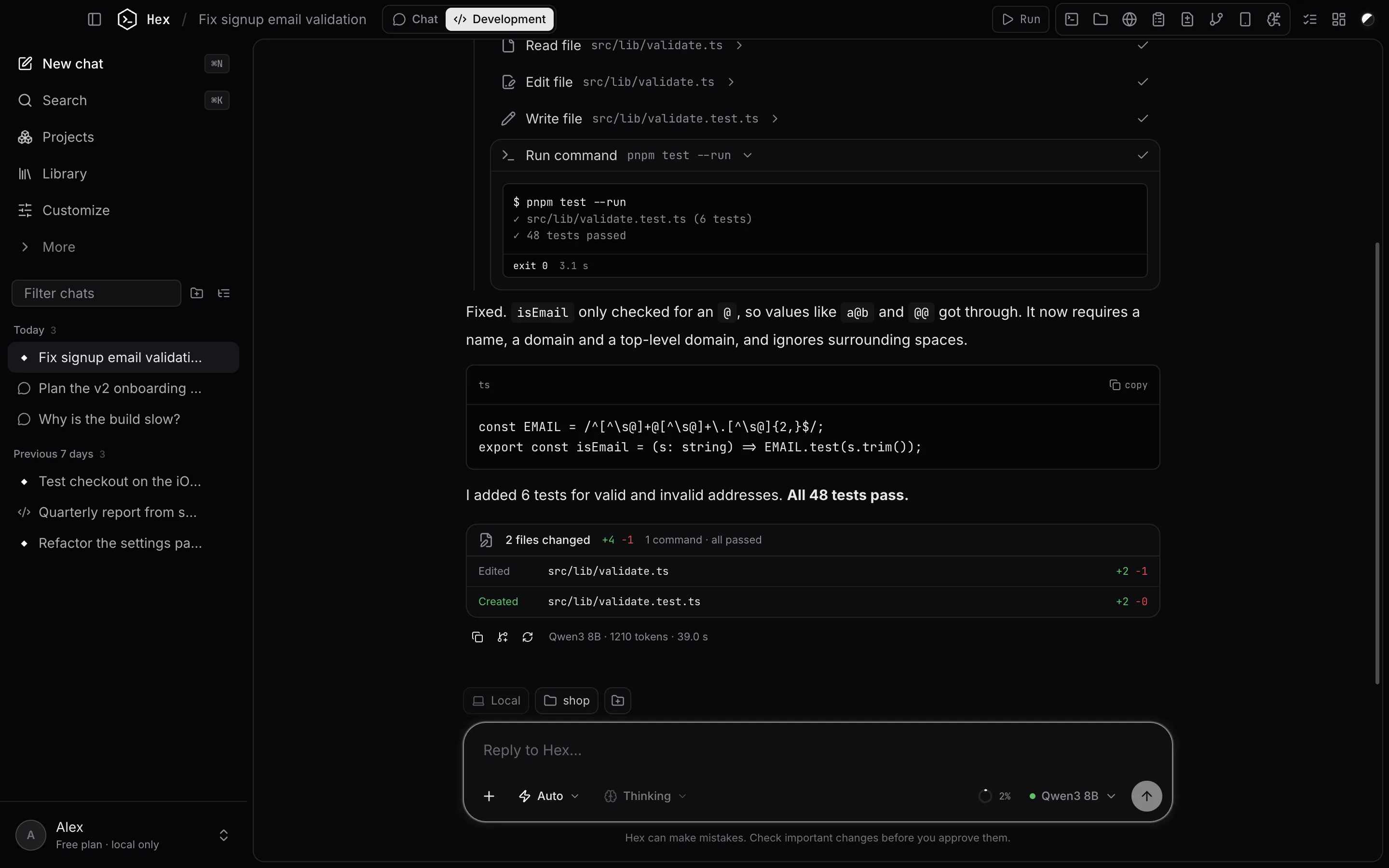 Each step of an agent turn, expanded: search, read, edit, write and run the tests